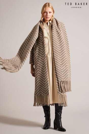 Ted Baker Oversized Natural Jilliya Tan Twill Knit Scarf Coat (Q79878) | £345