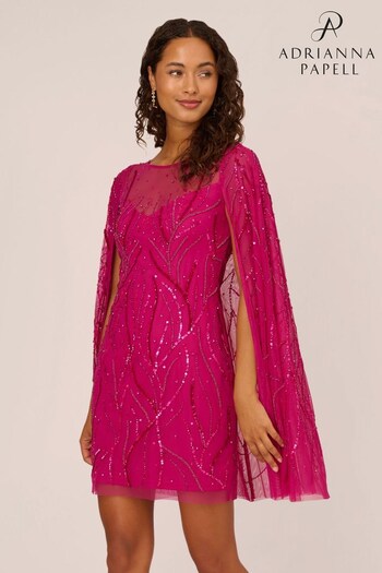 Adrianna Papell Pink Beaded Short Cape Sleeve Dress (Q79930) | £289