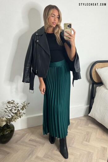 Style Cheat Green Demi Belted Pleated Midi Skirt (Q79987) | £48