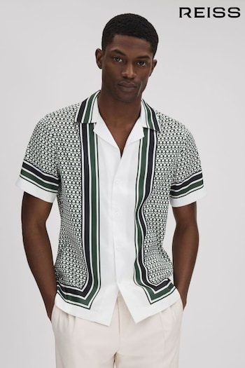 Reiss White/Green Blair Geometric Print Cuban Collar Shirt (Q80246) | £118