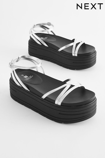 Silver Regular/Wide Fit Chunky Strappy Flatform Sandals Schuhe (Q80394) | £36