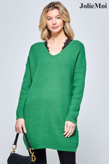Jolie Moi Green V-Neck Ribbed Knit Tunic Jumper (Q80491) | £65
