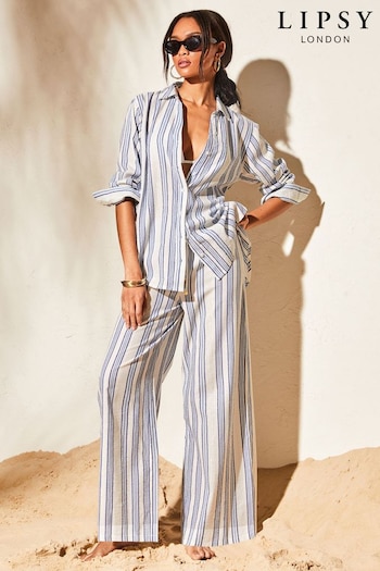 Lipsy Blue Lurex Stripe Long Sleeve Summer Beach Shirt (Q80582) | £40