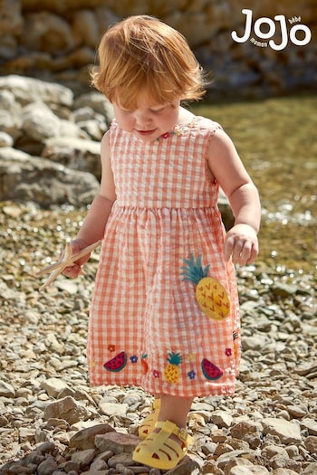 JoJo Maman Bébé Orange Pineapple Appliqué Gingham Summer Dress (Q80623) | £25