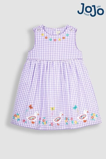 JoJo Maman Bébé Lilac Purple Duck Appliqué Gingham Summer ruffle-hem Dress (Q80652) | £20