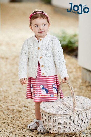 JoJo Maman Bébé Coral Pink Puffin Stripe Appliqué Button Front Jersey Dress (Q80663) | £23
