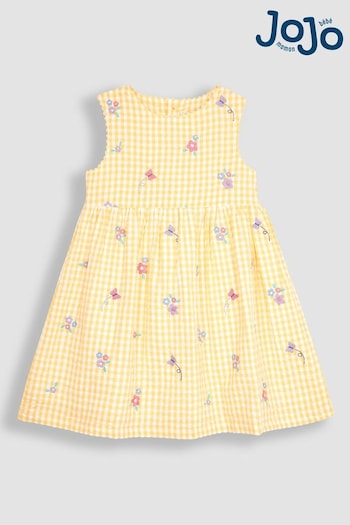 JoJo Maman Bébé Yellow Butterfly Gingham Embroidered Summer Dress (Q80667) | £25
