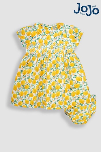 JoJo Maman Bébé White Lemon Bloom Smocked Dress Bord (Q80681) | £29.50