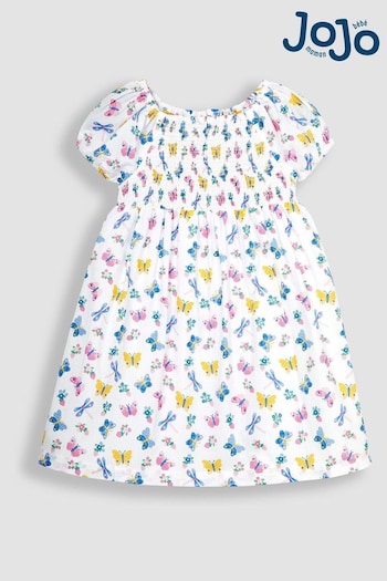 JoJo Maman Bébé Pastel Butterfly & Dragonfly Puff Sleeve Smocked Dress (Q80685) | £23