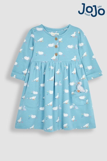 JoJo Maman Bébé Blue Duck & Friends Button Front Pet In Pocket Long Sleeve Jersey Dress (Q80696) | £23