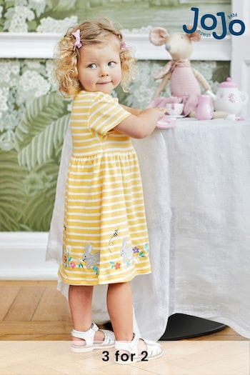 JoJo Maman Bébé Yellow Bunny Stripe Appliqué Button Front Jersey Dress (Q80700) | £23