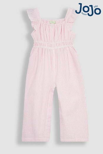 JoJo Maman Bébé Pink Seersucker Stripe Frill Shoulder Jumpsuit (Q80704) | £24
