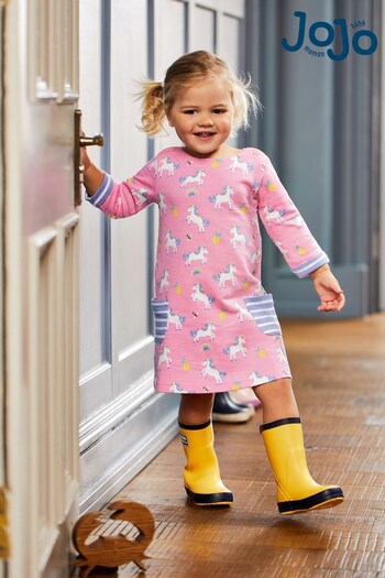 JoJo Maman Bébé Raspberry Pink Unicorn A-Line Jersey Dress With Pet In Pocket (Q80716) | £23