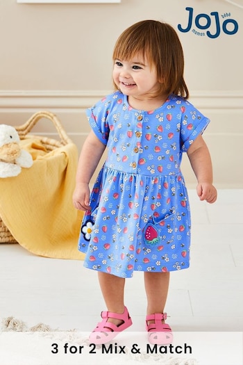 JoJo Maman Bébé Blue Strawberry & Bee Button Front Pet In Pocket Jersey Tapered Dress (Q80718) | £18
