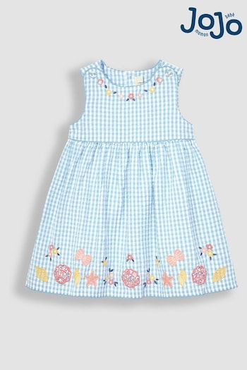 JoJo Maman Bébé Blue Nautical Appliqué Gingham Summer Flower Dress (Q80725) | £25