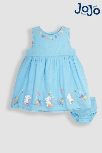 JoJo Maman Bébé Blue Mouse Floral Embroidered Baby Dress (Q80727) | £27