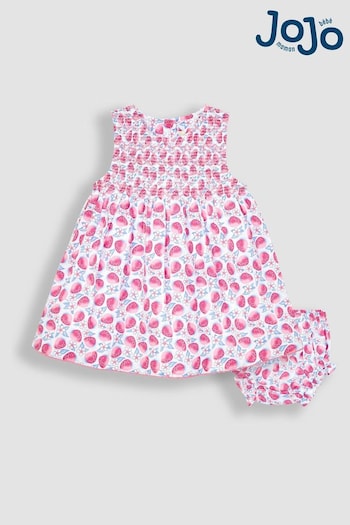 JoJo Maman Bébé Pink Strawberry Bloom Smocked Baby Dress With Knickers (Q80741) | £26