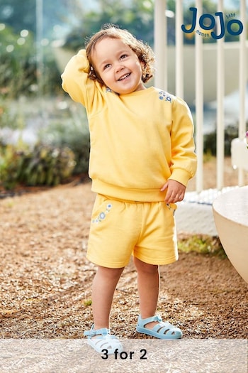 JoJo Maman Bébé Yellow 2-Piece Floral Embroidered Sweatshirt & Shorts Set (Q80742) | £30