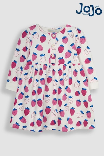 JoJo Maman Bébé Pink Strawberry Button Front Sweat Jersey Dress (Q80755) | £23