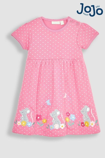 JoJo Maman Bébé Pink Mouse Spot Appliqué Hem Jersey Dress Borsellino (Q80768) | £16.50