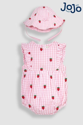 JoJo Maman Bébé Pink 2-Piece Strawberry Embroidered Bubble Romper & Hat Set (Q80777) | £29.50