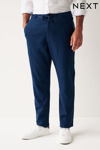 Navy Blue Linen Blend Drawstring Trousers (Q80803) | £28