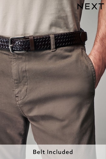 Mushroom Brown Slim Fit Textured Belted Trousers (Q80804) | £35