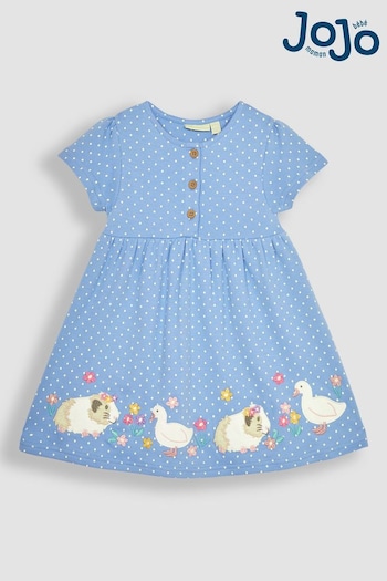 JoJo Maman Bébé Blue Guinea Pig & Duck Spot Appliqué Button Front Jersey Dress (Q80880) | £23