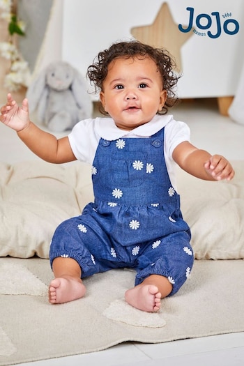 JoJo Maman Bébé Chambray Blue Daisy Embroidered Dungarees (Q80882) | £26