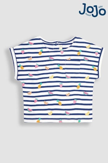JoJo Maman Bébé White Navy Stripe Summer Fruits Embroidered T-Shirt (Q80887) | £17