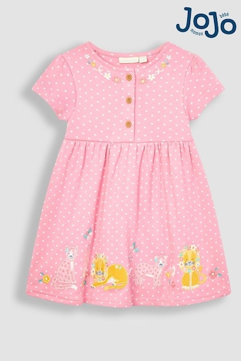 JoJo Maman Bébé Pink Lion & Tiger Spot Appliqué Button Front Jersey Dress (Q80903) | £23