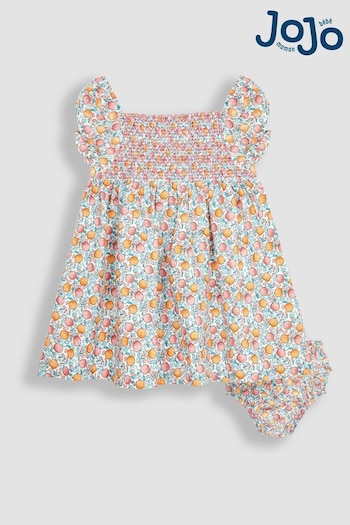 JoJo Maman Bébé Cream Apple & Peach Cotton Linen Smocked Baby Dress With Knickers (Q80919) | £26