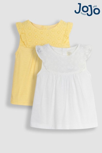 JoJo Maman Bébé White & Yellow 2-Pack Pretty Embroidered Tops (Q80923) | £20