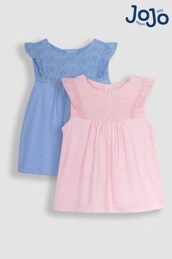 JoJo Maman Bébé Blue & Pink 2-Pack Pretty Embroidered Tops (Q80925) | £20