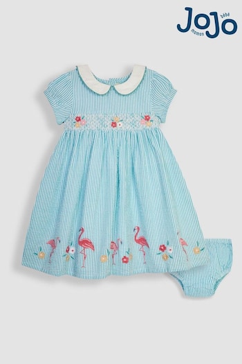 JoJo Maman Bébé Duck Egg Blue Flamingo Embroidered Smocked Dress (Q80928) | £29.50