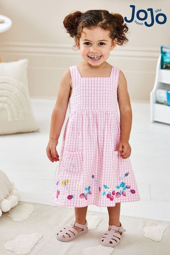 JoJo Maman Bébé Pink Strawberry Embroidered Pet In Pocket Gingham Dress (Q80937) | £25
