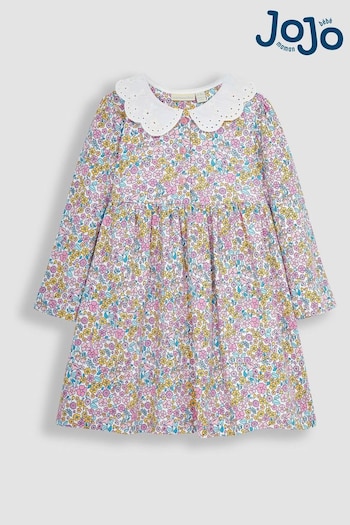 JoJo Maman Bébé Pink Jungle Floral Broderie Collar Jersey Dress (Q80946) | £23