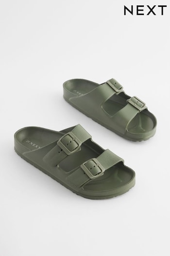 Khaki Green EVA Double Strap Flat Slider Schutz Sandals With Adjustable Buckles (Q80973) | £16