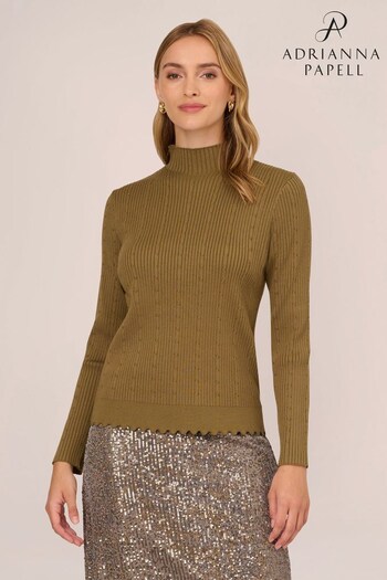 Adrianna Papell Green Cable Mock Neck Sweater With Scallop Hem (Q80999) | £59