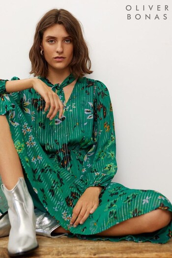 Oliver Bonas Green Floral Metallic Stripe Midi Dress (Q81049) | £95