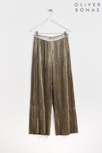 Oliver Bonas Gold Shimmer Plisse Wide Leg Trousers (Q81066) | £65