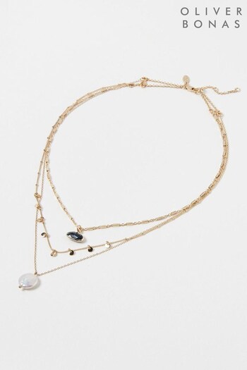 Oliver Bonas Black Faro Freshwater Pearl Triple Row Layered Necklace (Q81168) | £29.50