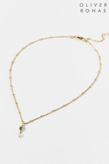 Oliver Bonas Green Loretta Tourmaline and Pearl Gold Plated Pendant Necklace (Q81174) | £45
