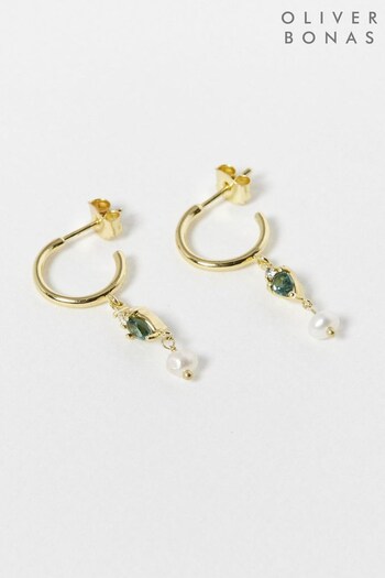 Oliver Bonas Green Loretta Tourmaline and Pearl Gold Plated Drop Earrings (Q81189) | £39.50
