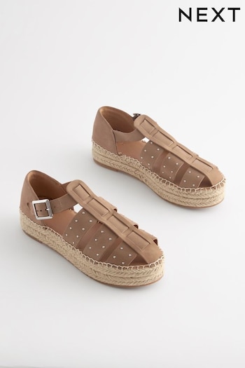 Taupe Brown Forever Comfort® Leather Chunky Fisherman Espadrille Marrone Shoes (Q81234) | £52