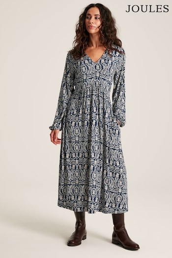 Joules Nia Navy Printed Long Sleeve Midaxi Dress With Pockets (Q81250) | £44.95