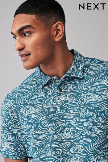 Blue Wave Textured Print Polo clothing Shirt (Q81377) | £28