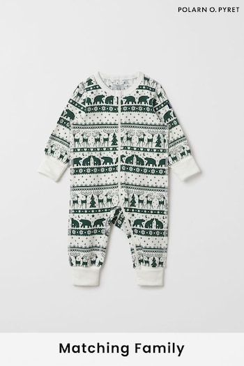 Polarn O Pyret Green Organic Christmas Reindeer Print Sleepsuit (Q81390) | £24