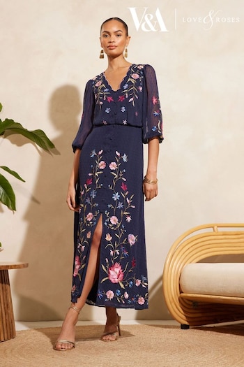V&A | Love & Roses Navy Blue Petite Embroidered Scallop Neck Dobby Midi Dress (Q81397) | £79