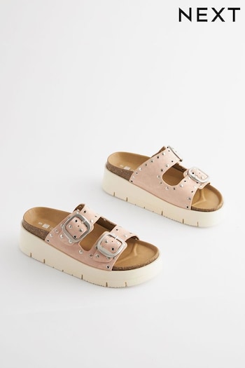 Pink Forever Comfort® Leather Double Buckle Flatform Shoes (Q81413) | £54